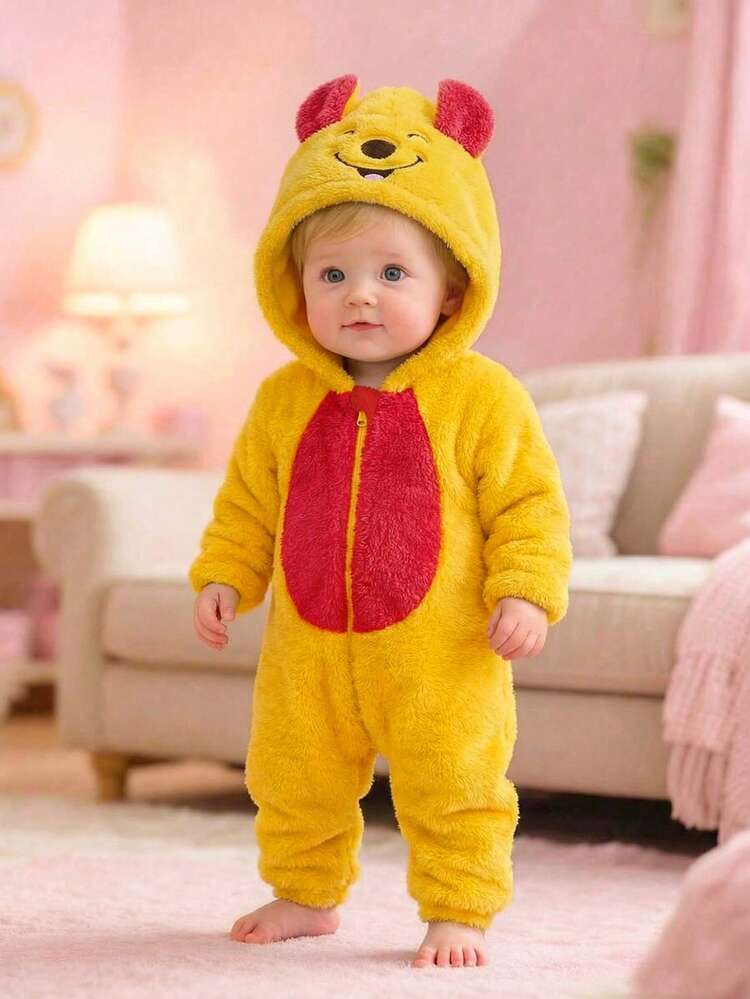 SHEIN Macacões com Capuz e Forro Térmico para Bebês Meninos, Design Fofo de Orelhas Grandes, Confortável, Versátil e Fashion, Adequado para Uso Interno, Esqui ao Ar Livre, Diário, Esportes, Brincadeiras, Festas, Fotografia, Feriados, Halloween no Outono/Inverno - Multicolorido - Visão 1