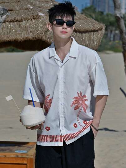DAZY 男士休闲椰树印花宽松短袖衬衫，适合夏季海滩度假