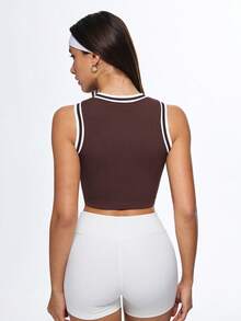 Gameset SHEIN Sport Women's Mocha Dark Brown Seamless Sport Crop,White Stripe Ribbed Trim,Supportive High-Neck,Summer Athleisure,Gym Top,Athletic Workout Sports Crop Top - Brown - View 2