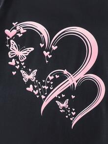 2pcs/Set Girls Pink And Black Summer Casual Heart Butterfly Print Short Sleeve Top,Pink Plaid Shorts,Loose Comfy Big Kids Sleepwear Homewear,Pe - Multicolor - View 9