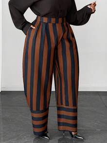 Maweii Quần ống rộng kẻ sọc dáng casual, cạp chun. - màu nâu - Xem 3