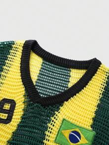 ROMWE MEN Prep Men's Casual Hollow-Out Knitted Letter Embroidery Short Sleeve Top, Summer - Green - View 3