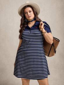 Zelara Plus Size Embroidered Casual Striped Polo Collar Dress Elegant - Blue and White - View 6