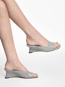 Mnmlis Dép lê mũi nhọn cho nữ, thiết kế đường may đơn giản, gót dày, da màu xám bóng, vừa vặn thoải mái, tôn dáng, phù hợp cho công sở, thường ngày, hẹn hò, dự tiệc và mọi dịp. - Xám - Xem 9