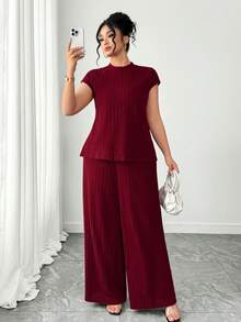 Elenzga Große Größen Elegantes geripptes Strick 2-Teiliges Set für Damen, Stehkragen figurbetontes Top mit Schlitz + vielseitige gerippte Schlaghose, geeignet für tägliche Fahrten, Urlaub, Party, Valentinstag Outfits, Fotoshootings - Rot - Übersicht 4