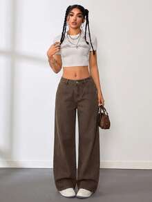 SHEIN Tall 女士低腰直筒蓝色牛仔裤 - 卡其色 - 查看 6