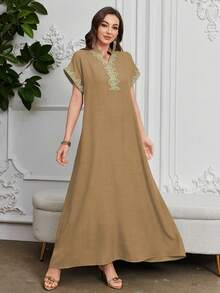 Al Najma Đầm thanh lịch cổ đứng thêu hoa, tay raglan, cổ bẻ - màu nâu - Xem 7