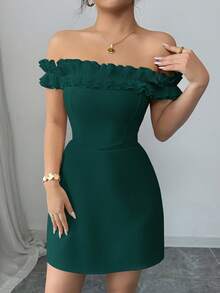 Elenzga Vestido romántico para mujer con cuello de volantes, hombros descubiertos y cintura ceñida - Verde Oscuro - Ver 5