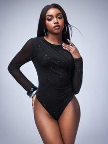 Y2Kool BiGraphic Women's Black Round Neck Sexy Long Sleeve Sequin Mesh Pleated Jumpsuit - Black - View 3