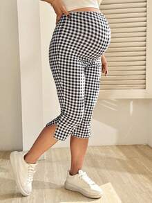 SHEIN Maternity Casual Plaid Adjustable Waist 7/8 Leggings - Black and White - View 6