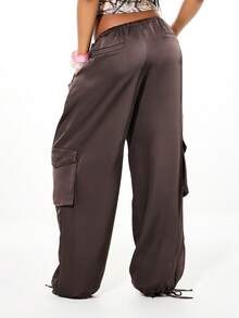 SUMWON WOMEN Women's Satin Cargo Barrel Pants With Side Pockets Elastic Waist Drawstring Loose Wide Leg Trouser Fall Winter Casual - Grey - View 2