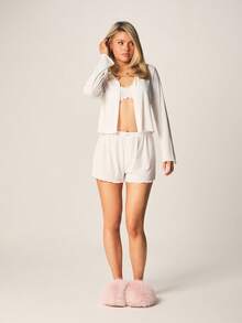 MISSGUIDED Conjunto de pijama de punto acanalado con botones, sujetador y pantalones cortos para ropa de estar en casa y ropa de dormir cómoda - Beis - View 4