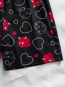 SHEIN HOT STUFF Tween Boy Comfortable Cartoon Print Crew Neck Short Sleeve T-Shirt And Shorts Pajama Set, Summer - Black and White - View 8