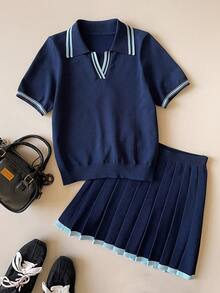 Muvela Spring/Summer New Contrast Trim Polo Collar Fitted Knit Top, Adjustable Elastic Waist Pleated Skirt, Versatile Y2K Office/Social Occasion Outfit - Navy Blue - View 1