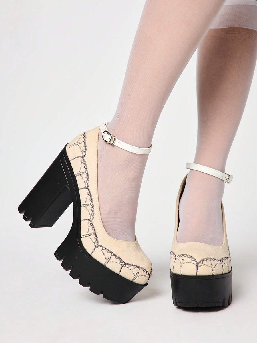 ROMWE Women's Sexy And Fashionable Gothic Suede Platform High Heels, Punk-Style Embroidered Patterns, Metal Buckle Decorations, Sexy Chunky Heel Shoes For Nightclubs, Parties, And Holidays. Valentine's Day - Apricot - View 1