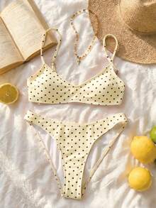Swim Mod 优雅度假波西米亚风海军蓝白波点可调节肩带V领性感比基尼套装 - 彩色 - 查看 3