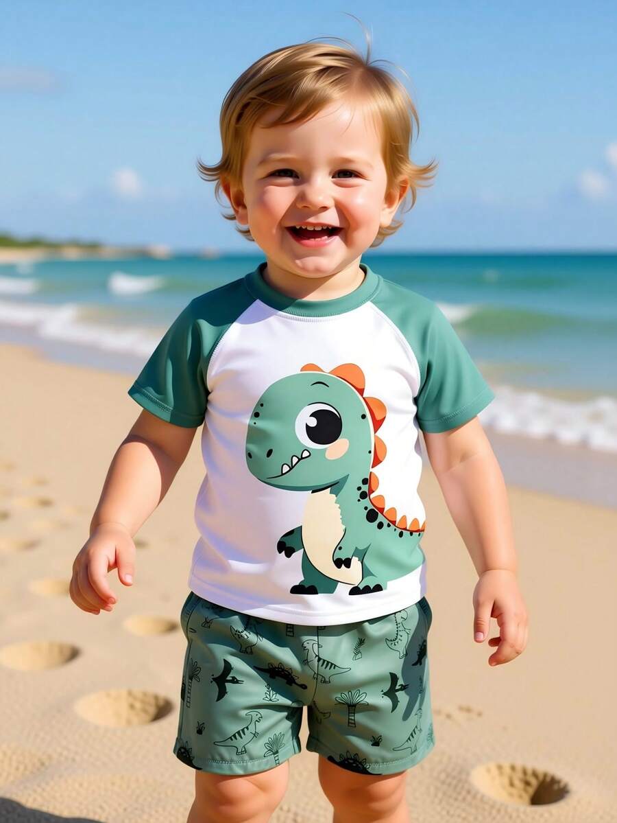 2pcs Cute Dinosaur Print Baby/Toddler Boys Swimsuit Set Baby Dinosaur Swimsuit Baby Boy Rash Guard Toddler Boy Beach Wear Dinosaur Toddler Boy Outfit Graphic Tees Baby Boy Toddler Rash Guard Boy Toddler Swim Shirts - Army Green - View 1