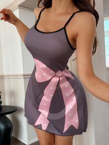 Dream Adore Oversized Bow Print Cute Knit Short Camisole Nightgown - Multicolor - View 4