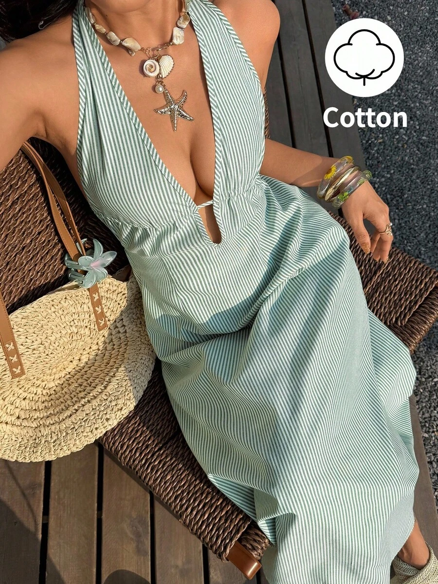 Sunnyshic Blue & White Striped Deep V-Neck Backless Tie-Up Waist A-Line Sleeveless Jumpsuit Dress, Elegant Sexy Cute Suitable For Vacation, Beach, Commute, Party, Daily Wear, Dating, Spring/Summer/Autumn - Green - View 1