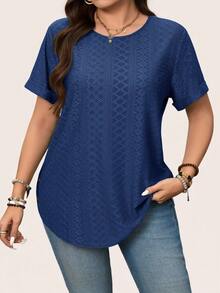 SHEIN LUNE Plus Size Women's Ribbed Knit T Shirt,Short Sleeve Round Neck Solid Blue Top,Everyday Smart Casual Elegant Blouse For Summer Autumn New Arrivals - Royal Blue - View 1