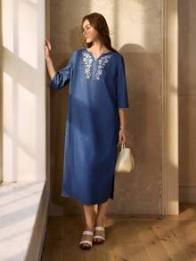 Selenza Women's Embroidered Denim Casual Long Sleeve Dress - Medium Wash - View 2