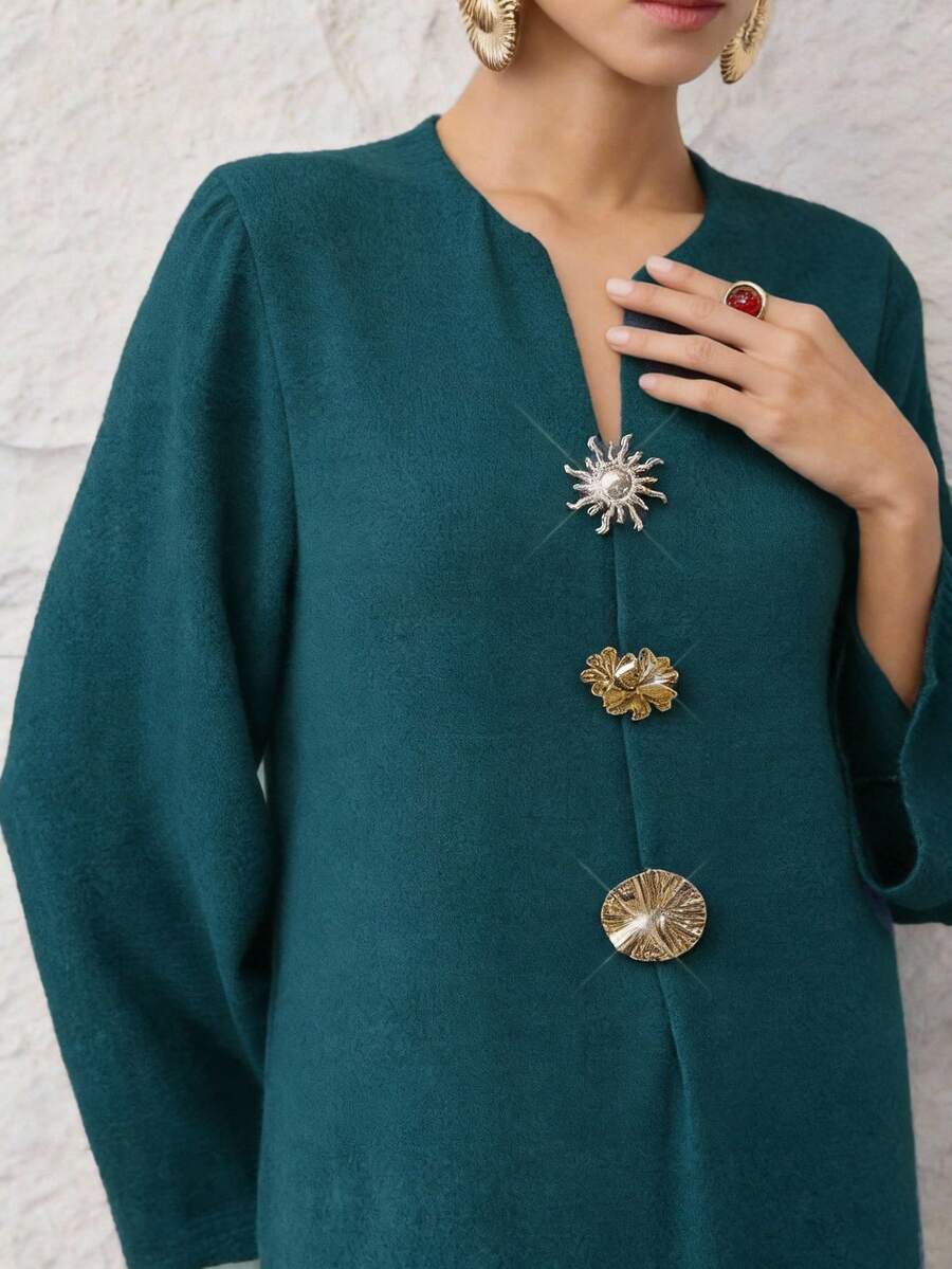 Al Najma 女士V领插肩袖优雅土耳其长裙和阿拉伯传统长袍 - 藍色 - 查看 1