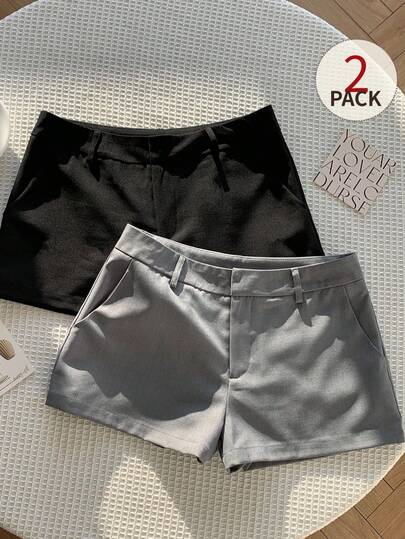 SHEIN EZwear Summer Black Grey Shorts Multiple Pcs Women's Solid Color Casual Pocketed Shorts, Versatile