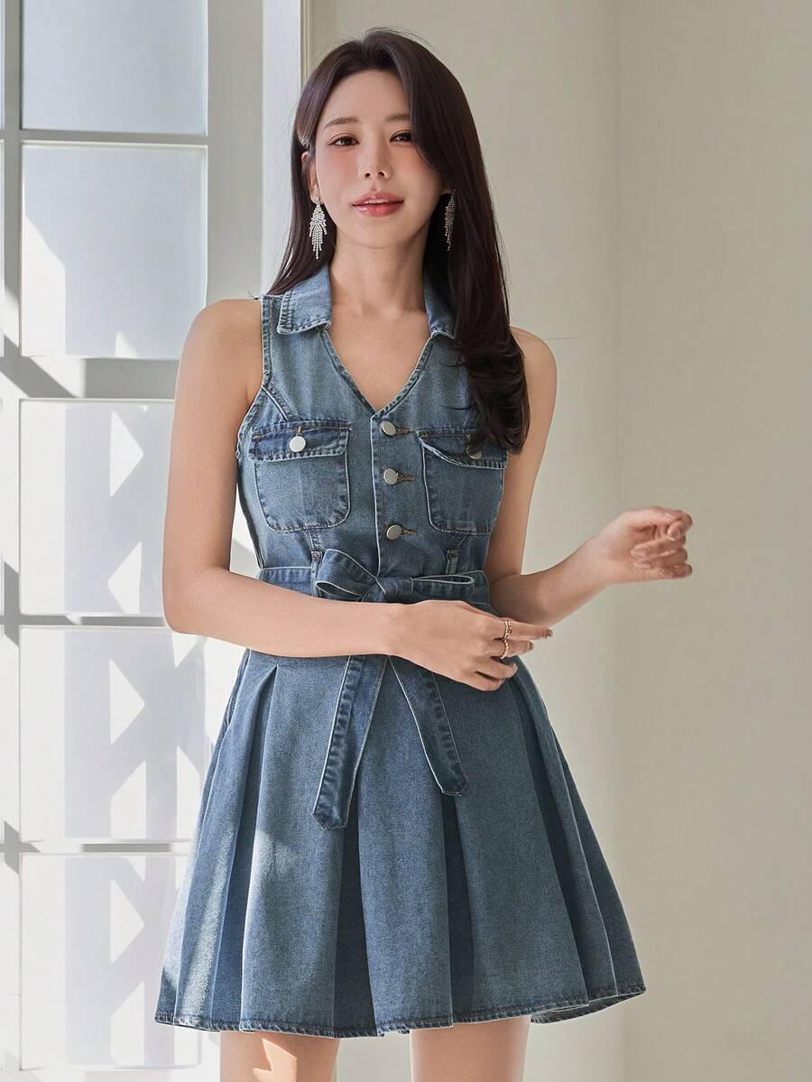 DAZY Women's Casual Washed Denim Dress With Collar, Sleeveless, Belt, Pockets, Short Length, Summer - Blue - View 1