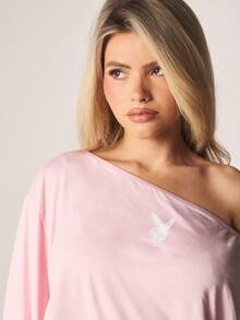 Missguided x Playboy 露肩长袖上衣搭配高腰喇叭裤家居服套装 - 淺粉色 - 查看 6