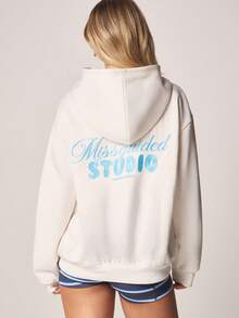 MISSGUIDED Oversized Hoodie With Drawstring Hood And Centre Pocket Blue Text Print Casual Sweatshirt - Apricot - View 1
