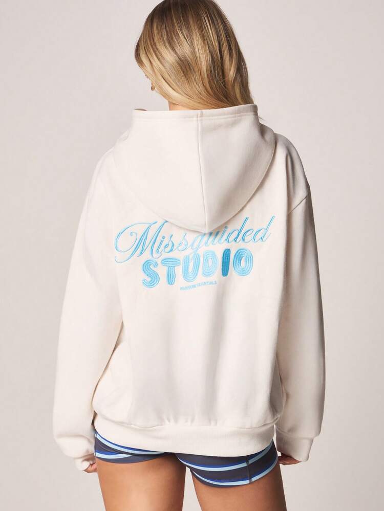MISSGUIDED Oversized Hoodie With Drawstring Hood And Centre Pocket Blue Text Print Casual Sweatshirt