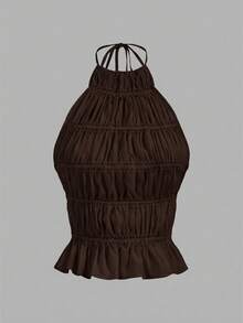 Aloruh Women's Adjustable Halter Tie Ruched Layered Semi-Sheer Romantic Date Cropped Camisole - Mocha Brown - View 4