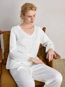Ocili Leisure Silky Satin Lace V-Neck Long Sleeve Pants Comfortable Minimalist Women Pajama Set - White - View 7
