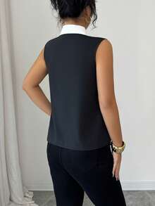 Selianne Women's Elegant Commuter Casual Black & White Collared V-Neck Single-Breasted Button Sleeveless Fitted Blouse, Spring/Summer - Black and White - View 2