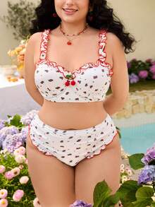 Swim Mod Conjunto de tankini con volantes con estampado floral diminuto para vacaciones de verano en tallas grandes - Blanco - Ver 4
