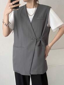 FRIFUL Áo blazer nữ màu xám trơn dáng rộng cổ chữ V có túi trang trí, kiểu dáng thường ngày. - Xám - Xem 5