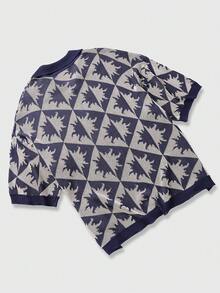 ROMWE MEN Men's Front Button Vintage Casual Everyday Jacquard Breathable Knit Cardigan - Navy Blue - View 2