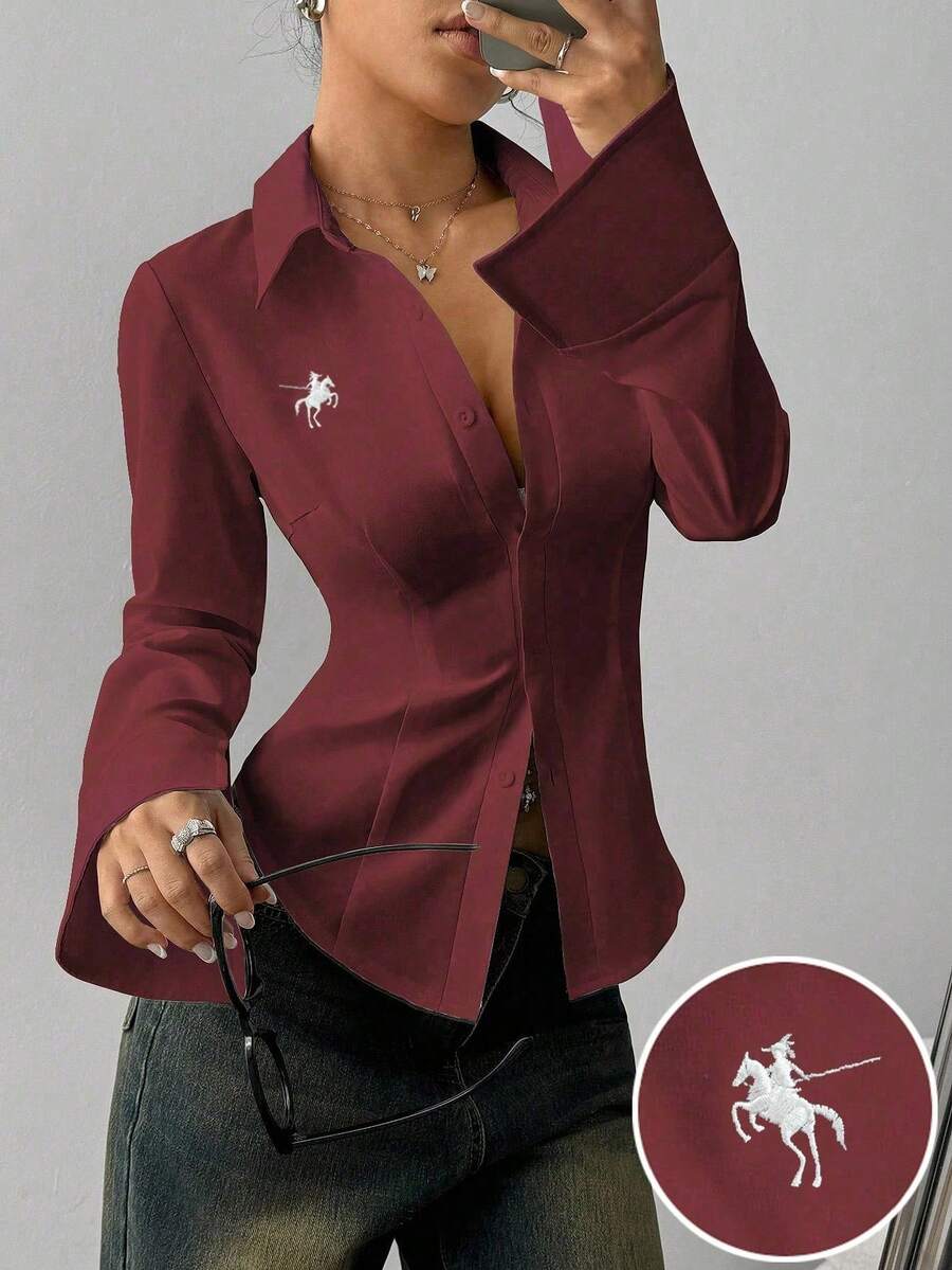 SHEIN PETITE 女士刺绣修身长袖衬衫,优雅女士工作上衣,商务休闲女式衬衫 - 咖啡棕 - 查看 1