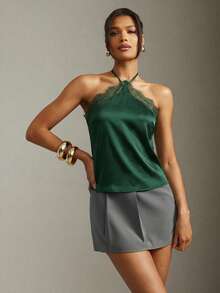 Hauture Top de tirantes con detalle de encaje sexy para la oficina en verano - Verde - Ver 6