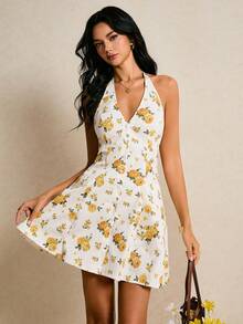 Poéselle Robe dos nu à col ras-du-cou avec imprimé floral sexy et élégante, convient pour les vacances d'été - Jaune citron - Voir 7