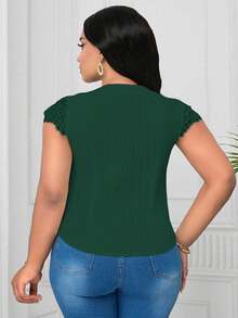 SHEIN Clasi 大码撞色蕾丝V领纹理面料衬衫 - 橄欖綠 - 查看 2