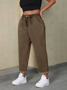 SHEIN ICON Plus Size Solid Color Casual Loose Fit Pockets Versatile Daily Wear Jeans - Brown - View 1