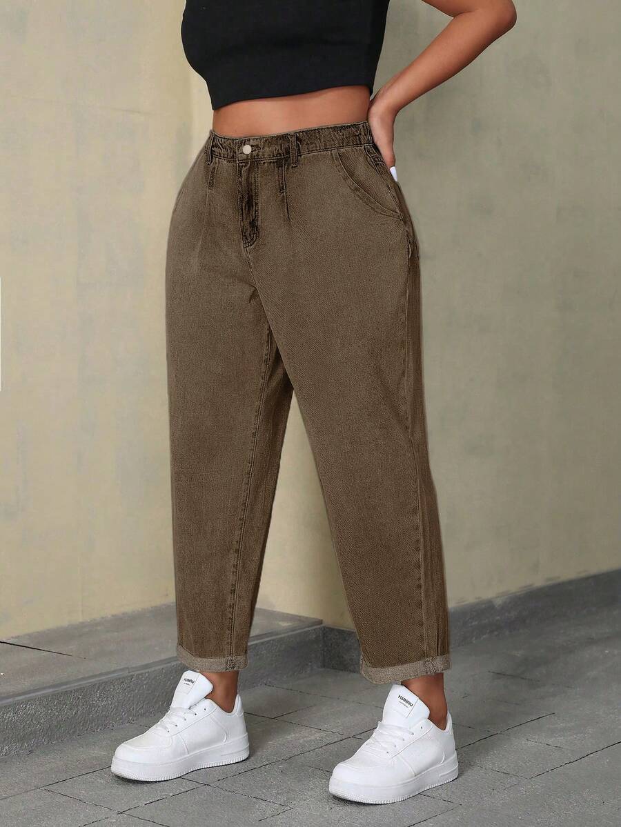 SHEIN ICON Plus Size Solid Color Casual Loose Fit Pockets Versatile Daily Wear Jeans - Brown - View 1