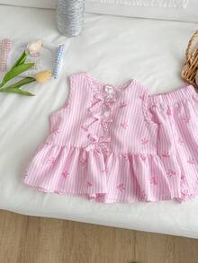 Genkimix Kids Conjunto de 2 piezas de top sin mangas con volantes y lazos a cuadros, y shorts para niña, para verano - Rosa - Ver 8