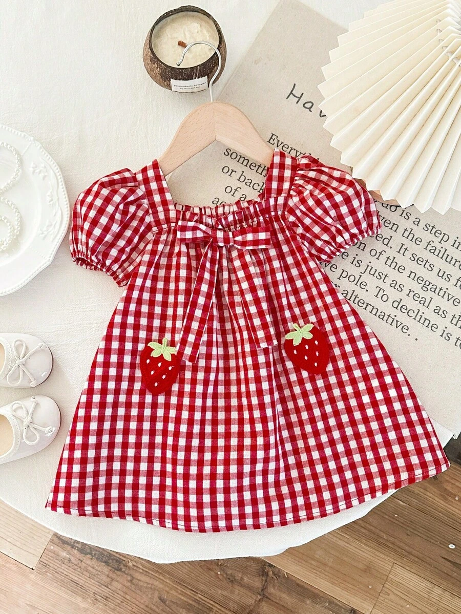 SHEIN Babygirl Cute Summer Sweet Red & White Plaid Bow Strawberry Print Loose Short Sleeve Dress - Multicolor - View 1