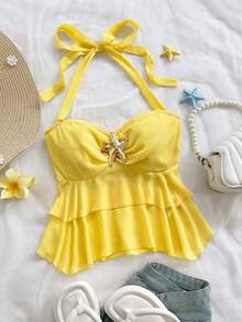 Soleia Tank Top Wanita Kuning Lucu dengan Dekorasi Logam, Model Halter Tanpa Punggung, Cocok untuk Liburan Pantai Musim Panas, Gaya Boho Longgar, Cocok untuk Pesta, Kencan, Hari Valentine, Musim Semi - Kuning - View 4