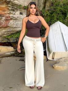 Maria Perezxox Quần dài đơn giản thoải mái đi nghỉ dưỡng cạp chun dệt kim màu trắng có dây rút đính hạt cho nữ - trắng - Xem 5