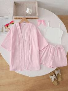 SHEIN Bộ đồ mùa hè thường ngày cho bé gái, chất liệu vải nhăn, gồm áo hai dây trắng, áo sơ mi hồng và quần short hồng. - Hồng - Xem 6