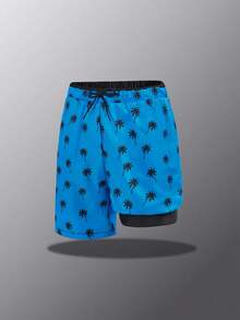 SHEIN 青少年男童夏季椰树印花蓝色二合一双层泳裤，舒适时尚，适合游泳、休闲、上学、潜水、音乐节、假日派对、海滩度假等各种场合，尽享夏日风情，春夏季节皆宜。 - 藍色 - 查看 5