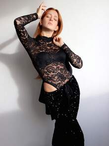 SILVIA DI SANTO 1 件女士性感蕾丝高领长袖紧身衣，波西米亚风格，适合音乐节、春夏季 - 黑色 - 查看 4